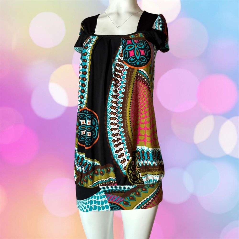 Sushi Flower Y2K Women's Mini Short Sleeve Tunic Abstract Dress Size Small